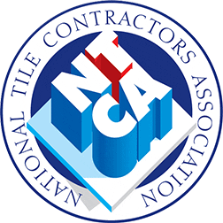 Logo of the National Tile Contractors Association featuring blue and white geometric shapes with the letters "NTCA" at the center.