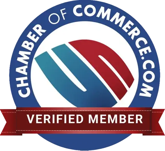 Logo for Chamber of Commerce.com with a red and blue circle design and a banner at the bottom stating "Verified Member.